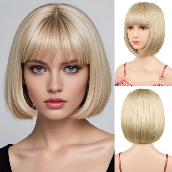 Natural Long Bob Wig for Women with Air Bangs, Straight Full Head Cap with Voluminous Style