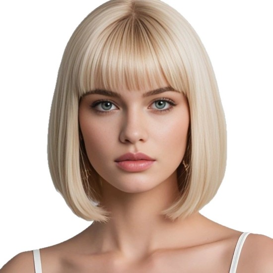 Natural Long Bob Wig for Women with Air Bangs, Straight Full Head Cap with Voluminous Style
