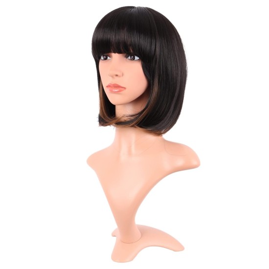 12 Inch Straight Bob Wig for Women with Straight Bangs, Natural Black Heat-Friendly Synthetic Short Bob