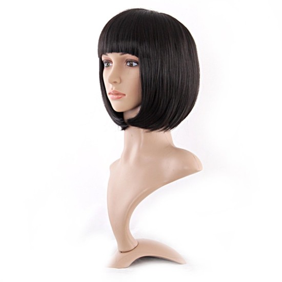 12 Inch Straight Bob Wig for Women with Straight Bangs, Natural Black Heat-Friendly Synthetic Short Bob