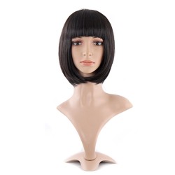 12 Inch Straight Bob Wig for Women with Straight Bangs, Natural Black Heat-Friendly Synthetic Short Bob