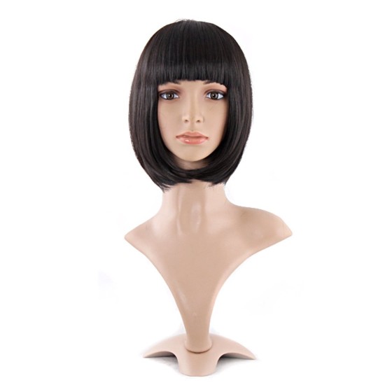 12 Inch Straight Bob Wig for Women with Straight Bangs, Natural Black Heat-Friendly Synthetic Short Bob