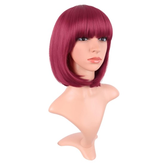 12 Inch Straight Bob Wig for Women with Straight Bangs, Natural Black Heat-Friendly Synthetic Short Bob