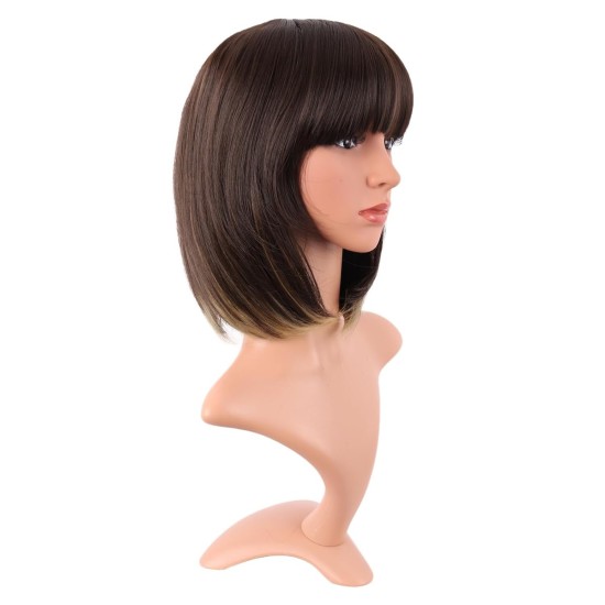 12 Inch Straight Bob Wig for Women with Straight Bangs, Natural Black Heat-Friendly Synthetic Short Bob