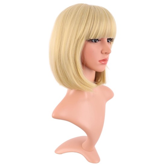 12 Inch Straight Bob Wig for Women with Straight Bangs, Natural Black Heat-Friendly Synthetic Short Bob