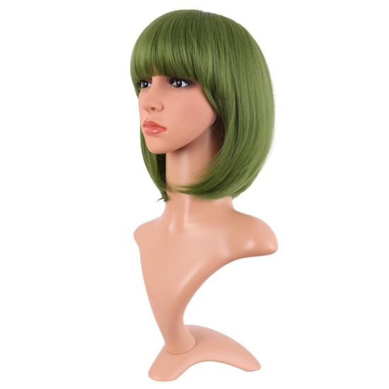 12 Inch Straight Bob Wig for Women with Straight Bangs, Natural Black Heat-Friendly Synthetic Short Bob