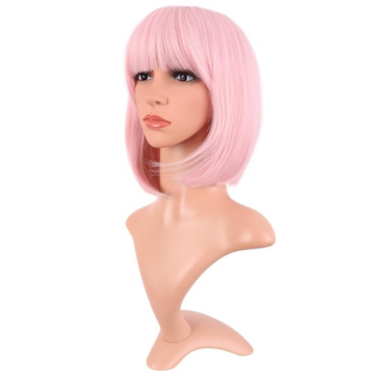 12 Inch Straight Bob Wig for Women with Straight Bangs, Natural Black Heat-Friendly Synthetic Short Bob
