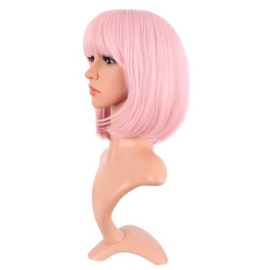 12 Inch Straight Bob Wig for Women with Straight Bangs, Natural Black Heat-Friendly Synthetic Short Bob