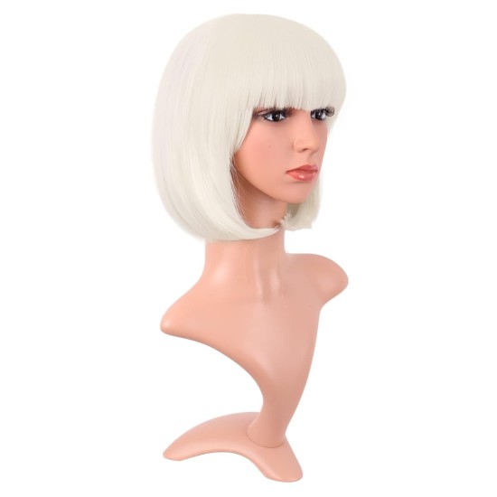 12 Inch Straight Bob Wig for Women with Straight Bangs, Natural Black Heat-Friendly Synthetic Short Bob
