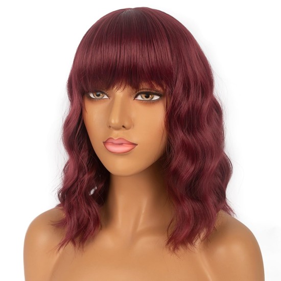 12 Inch Wavy Bob Wig with Bangs, Curly Short Bob Synthetic Hair for Women