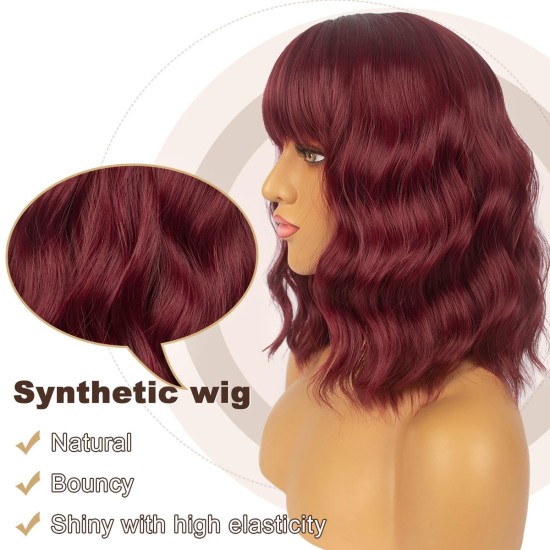 12 Inch Wavy Bob Wig with Bangs, Curly Short Bob Synthetic Hair for Women