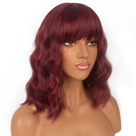 12 Inch Wavy Bob Wig with Bangs, Curly Short Bob Synthetic Hair for Women