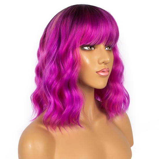 12 Inch Wavy Bob Wig with Bangs, Curly Short Bob Synthetic Hair for Women