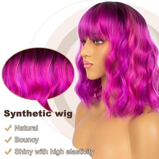 12 Inch Wavy Bob Wig with Bangs, Curly Short Bob Synthetic Hair for Women