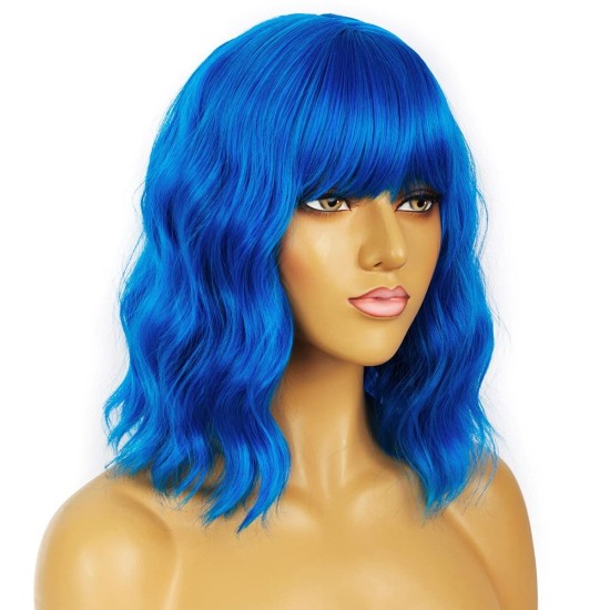 12 Inch Wavy Bob Wig with Bangs, Curly Short Bob Synthetic Hair for Women