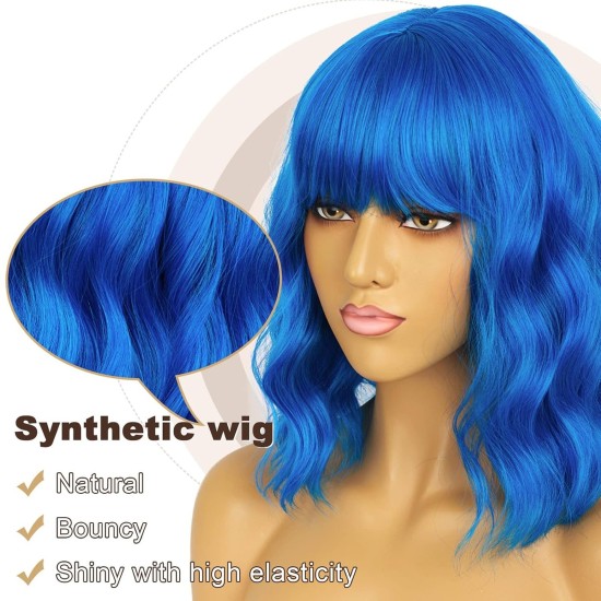12 Inch Wavy Bob Wig with Bangs, Curly Short Bob Synthetic Hair for Women