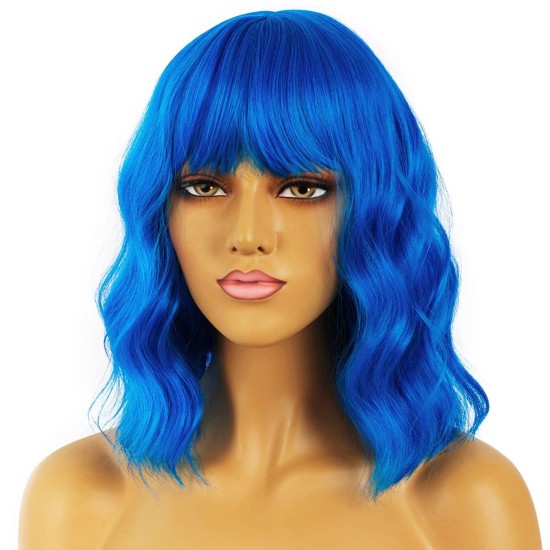 12 Inch Wavy Bob Wig with Bangs, Curly Short Bob Synthetic Hair for Women