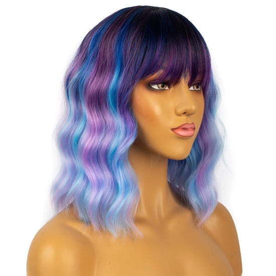 12 Inch Wavy Bob Wig with Bangs, Curly Short Bob Synthetic Hair for Women