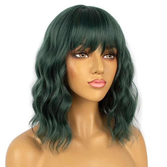 12 Inch Wavy Bob Wig with Bangs, Curly Short Bob Synthetic Hair for Women
