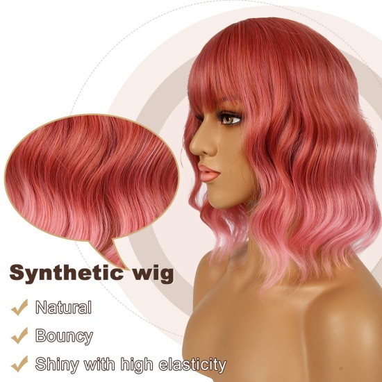 12 Inch Wavy Bob Wig with Bangs, Curly Short Bob Synthetic Hair for Women