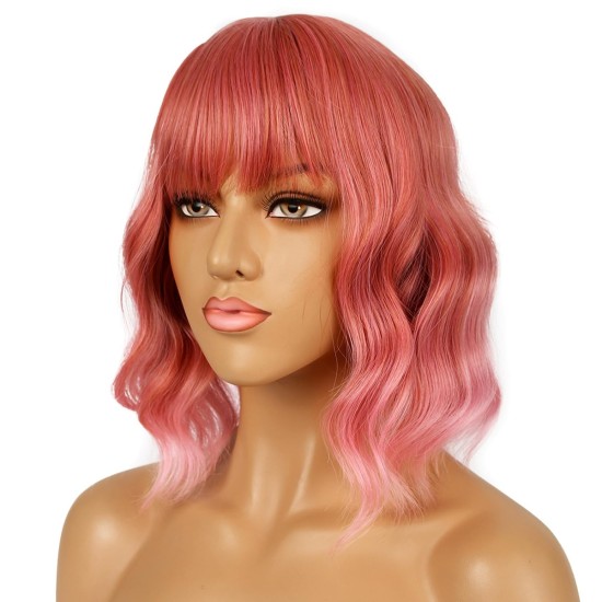12 Inch Wavy Bob Wig with Bangs, Curly Short Bob Synthetic Hair for Women