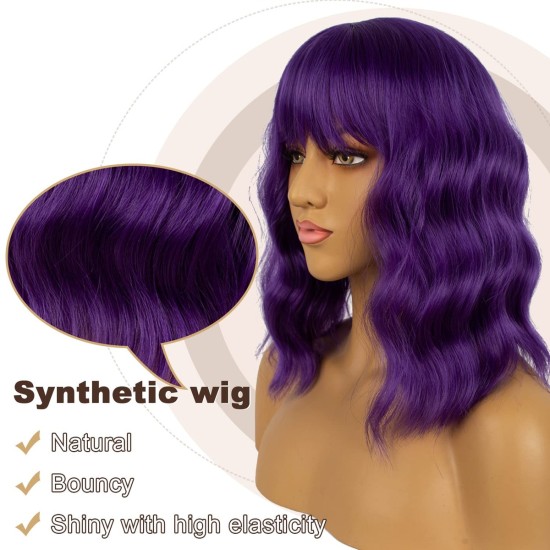 12 Inch Wavy Bob Wig with Bangs, Curly Short Bob Synthetic Hair for Women