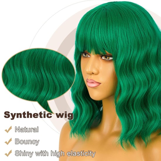 12 Inch Wavy Bob Wig with Bangs, Curly Short Bob Synthetic Hair for Women