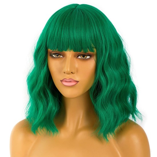 12 Inch Wavy Bob Wig with Bangs, Curly Short Bob Synthetic Hair for Women