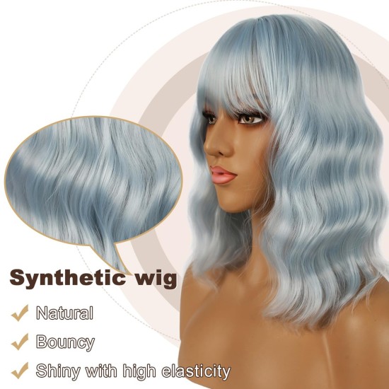12 Inch Wavy Bob Wig with Bangs, Curly Short Bob Synthetic Hair for Women