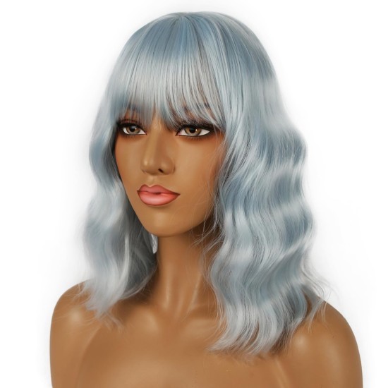 12 Inch Wavy Bob Wig with Bangs, Curly Short Bob Synthetic Hair for Women