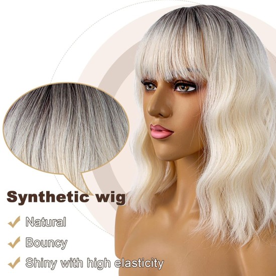12 Inch Wavy Bob Wig with Bangs, Curly Short Bob Synthetic Hair for Women