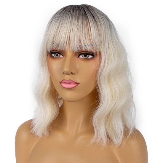 12 Inch Wavy Bob Wig with Bangs, Curly Short Bob Synthetic Hair for Women