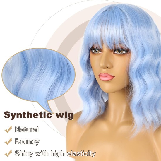 12 Inch Wavy Bob Wig with Bangs, Curly Short Bob Synthetic Hair for Women