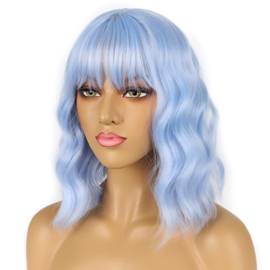 12 Inch Wavy Bob Wig with Bangs, Curly Short Bob Synthetic Hair for Women