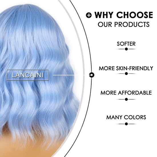 12 Inch Wavy Bob Wig with Bangs, Curly Short Bob Synthetic Hair for Women