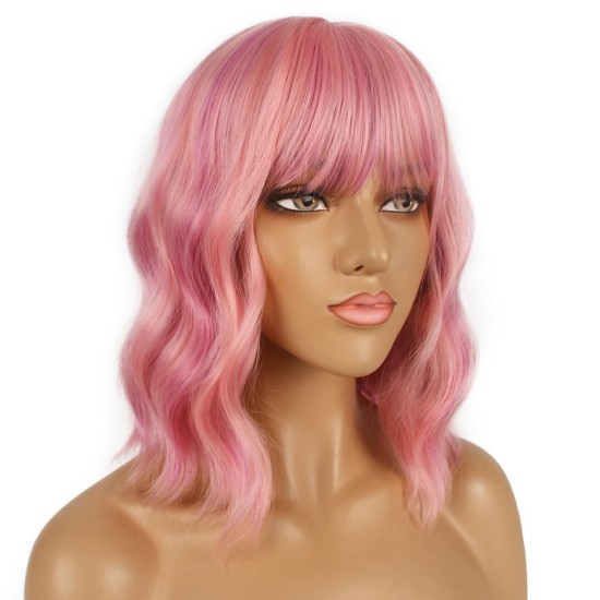 12 Inch Wavy Bob Wig with Bangs, Curly Short Bob Synthetic Hair for Women