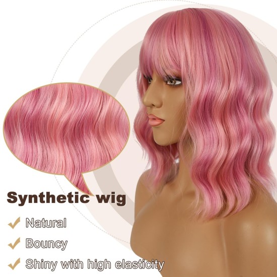 12 Inch Wavy Bob Wig with Bangs, Curly Short Bob Synthetic Hair for Women