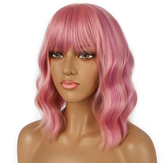 12 Inch Wavy Bob Wig with Bangs, Curly Short Bob Synthetic Hair for Women
