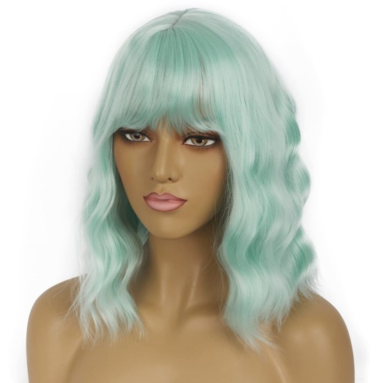 12 Inch Wavy Bob Wig with Bangs, Curly Short Bob Synthetic Hair for Women