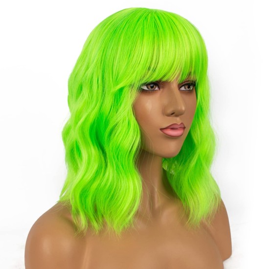 12 Inch Wavy Bob Wig with Bangs, Curly Short Bob Synthetic Hair for Women