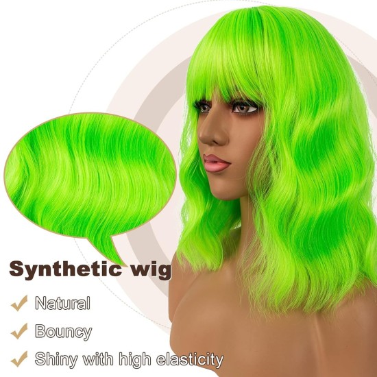 12 Inch Wavy Bob Wig with Bangs, Curly Short Bob Synthetic Hair for Women