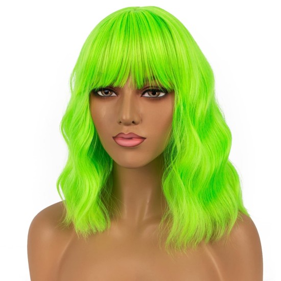 12 Inch Wavy Bob Wig with Bangs, Curly Short Bob Synthetic Hair for Women