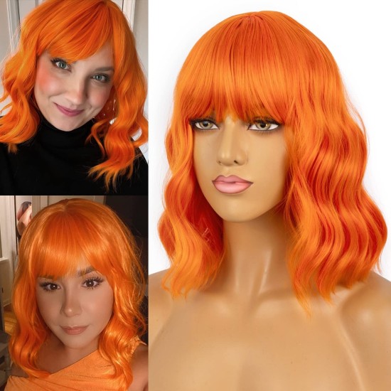 12 Inch Wavy Bob Wig with Bangs, Curly Short Bob Synthetic Hair for Women