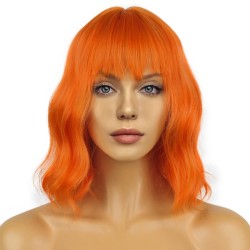 12 Inch Wavy Bob Wig with Bangs, Curly Short Bob Synthetic Hair for Women