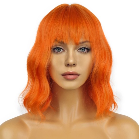 12 Inch Wavy Bob Wig with Bangs, Curly Short Bob Synthetic Hair for Women
