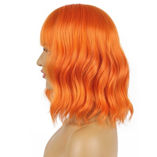 12 Inch Wavy Bob Wig with Bangs, Curly Short Bob Synthetic Hair for Women