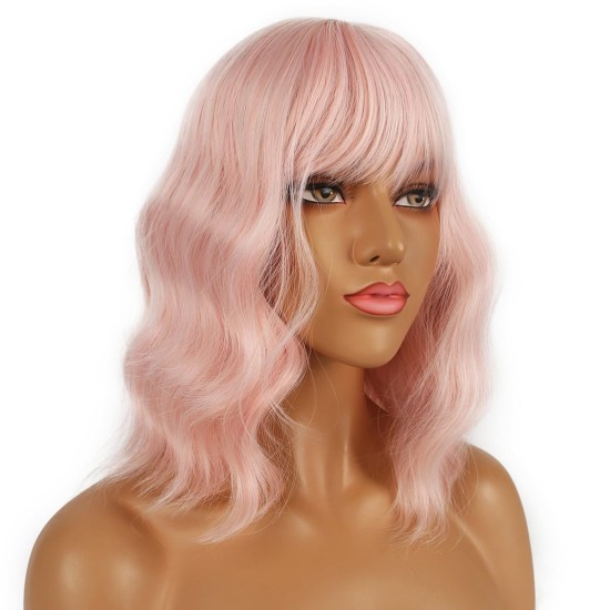 12 Inch Wavy Bob Wig with Bangs, Curly Short Bob Synthetic Hair for Women