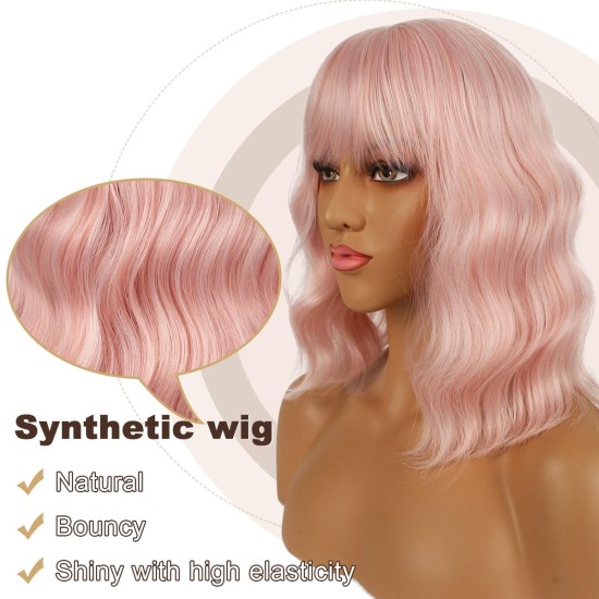 12 Inch Wavy Bob Wig with Bangs, Curly Short Bob Synthetic Hair for Women