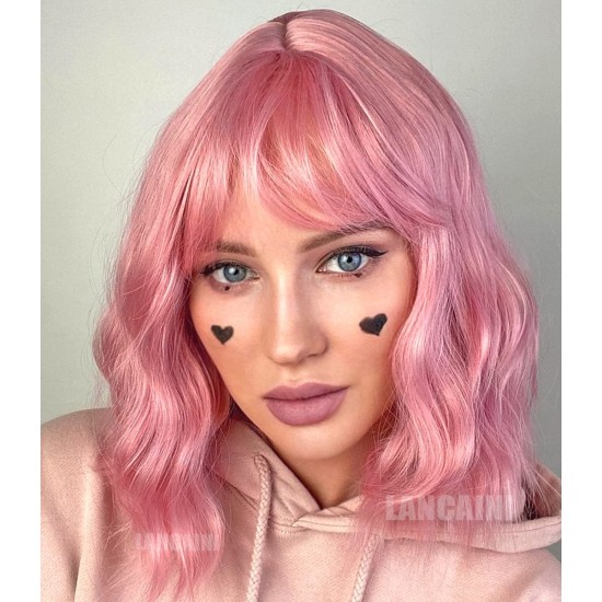 12 Inch Wavy Bob Wig with Bangs, Curly Short Bob Synthetic Hair for Women