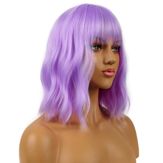 12 Inch Wavy Bob Wig with Bangs, Curly Short Bob Synthetic Hair for Women
